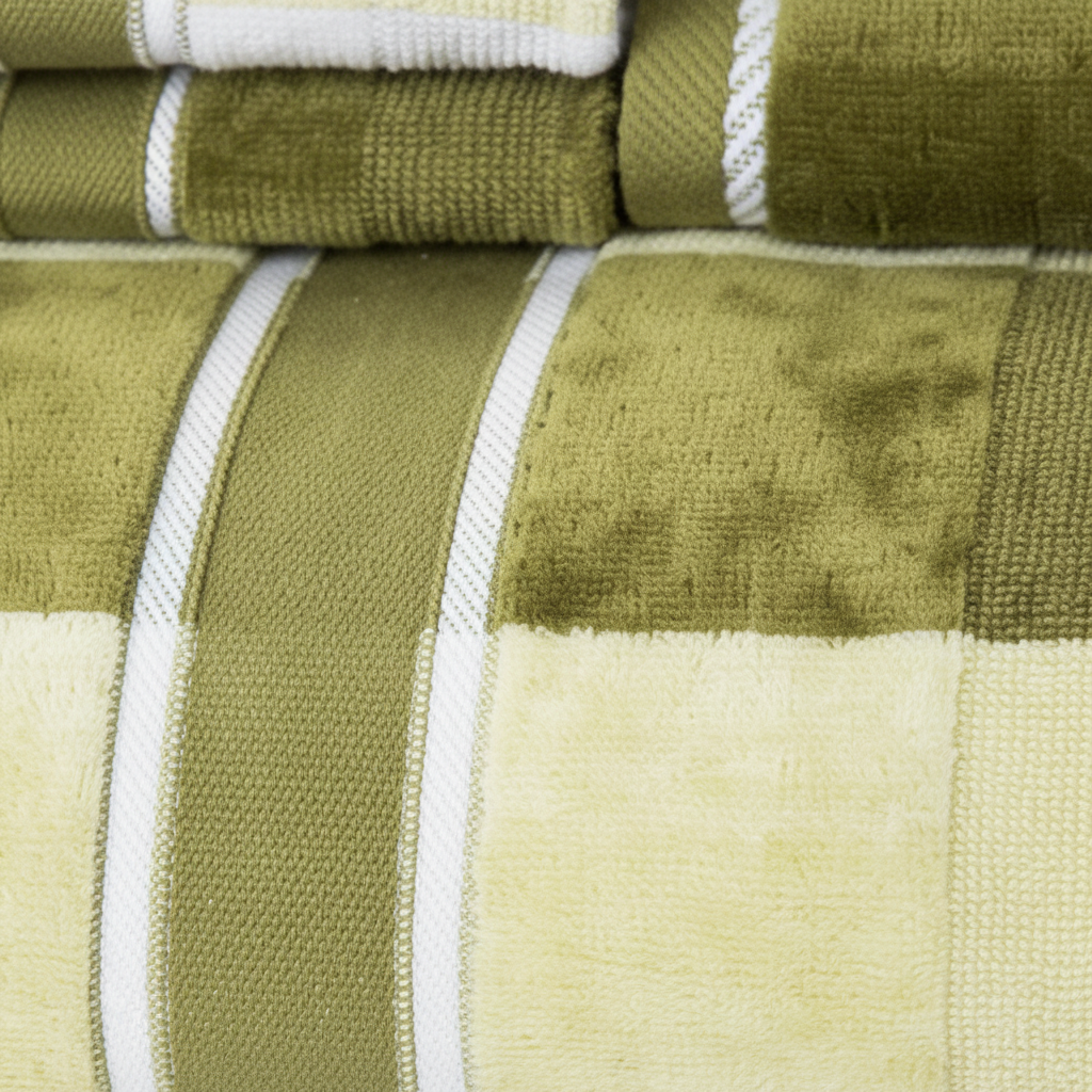 Close-up of green striped cotton velour bath towel showing woven stripe pattern and plush texture
