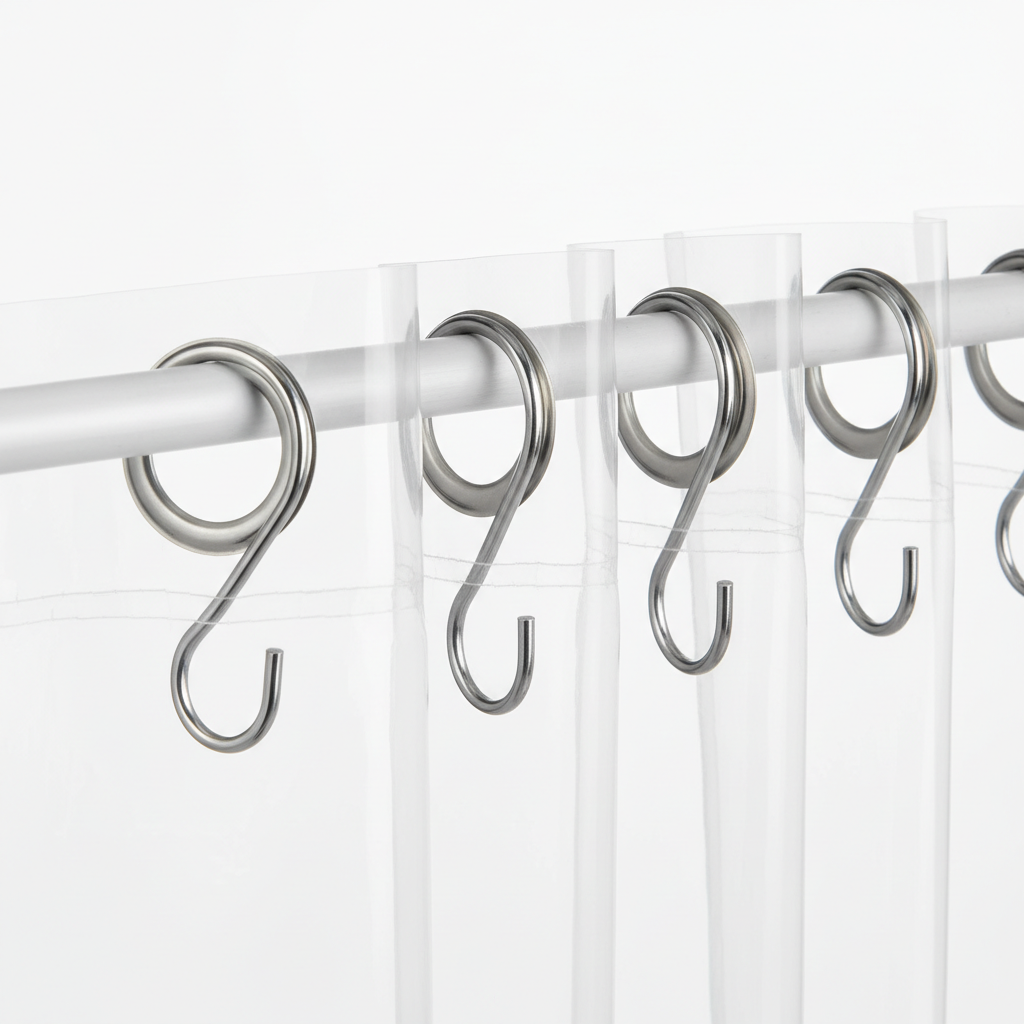 Close-up of clear shower curtain liner top edge showing rustproof metal grommets and hooks