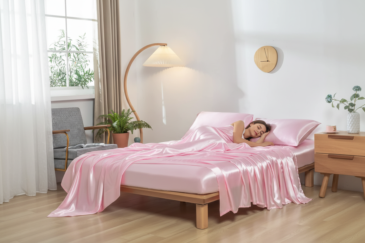 Person sleeping under pink satin sheets
