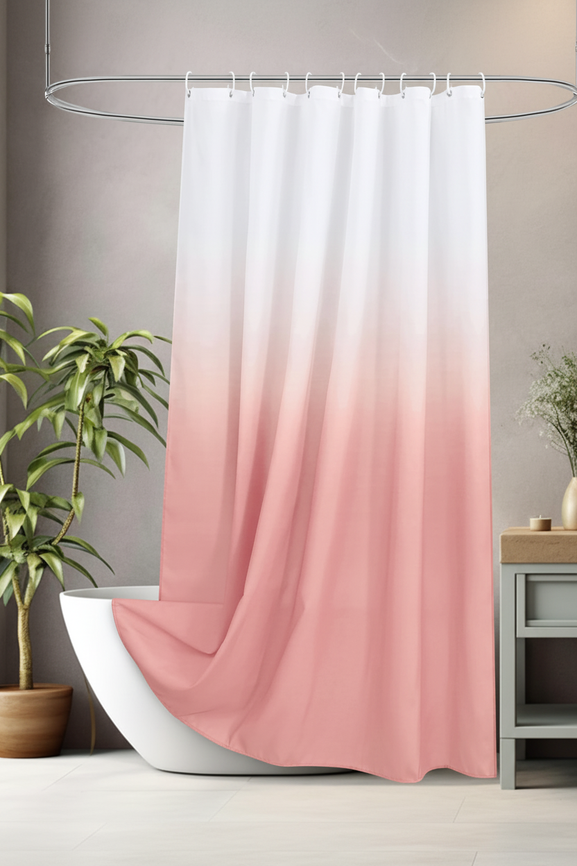 White to blush pink ombre shower curtain on circular chrome rod over freestanding bath with sage green vanity and tropical plant