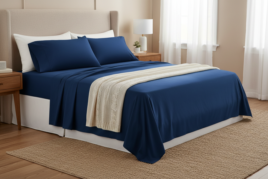 Navy Blue Egyptian Cotton Bed Sheets - foot of bed view