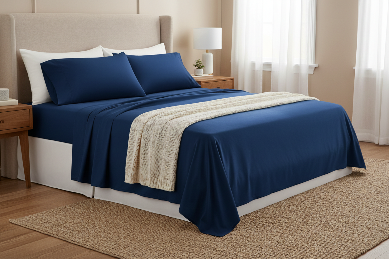 Navy Blue Egyptian Cotton Bed Sheets - foot of bed view
