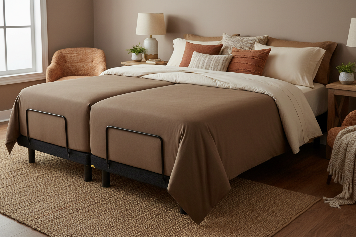 Brown extra deep split king sheet set on adjustable bed