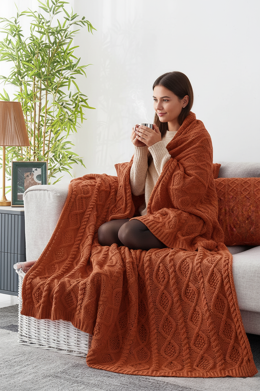 Woman wrapped in rust cable knit throw on a sofa with matching cushion covers and a warm drink
