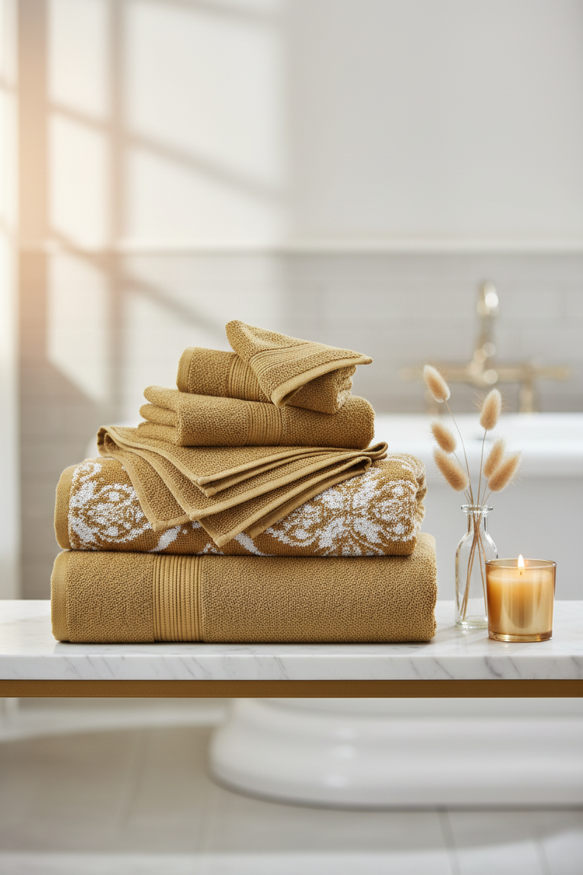 Gold jacquard and solid combed cotton towels stacked on marble shelf with pampas grass and candle