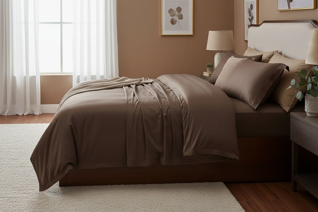 Brown TENCEL lyocell sateen super king sheet set on super king bed