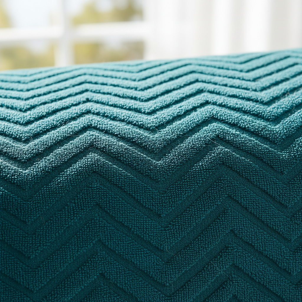 Close-up of raised geometric diamond chevron jacquard pattern on turquoise microfibre bath sheet