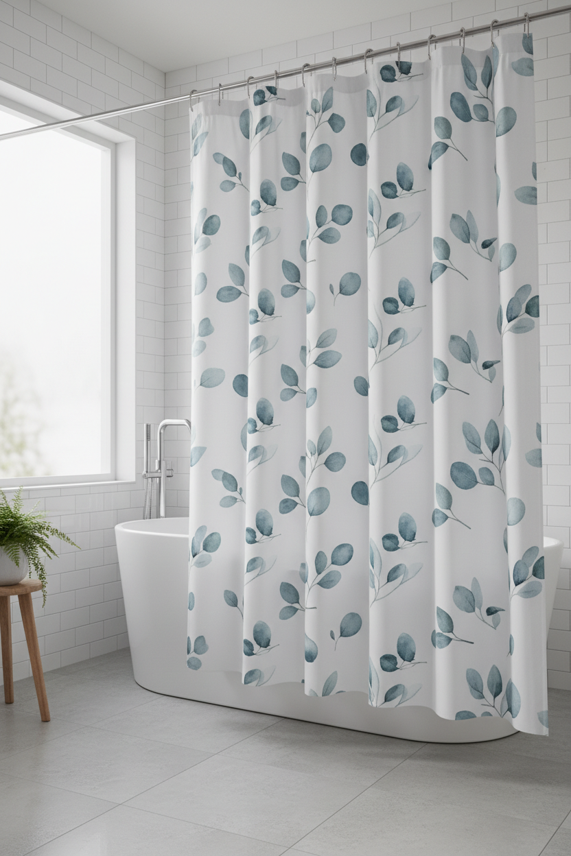 Blue eucalyptus watercolour shower curtain hanging in bright modern bathroom