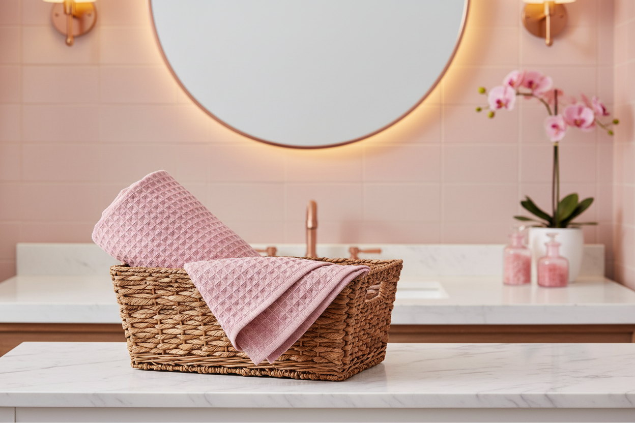 Pink cotton waffle bath towel rolled in a wicker basket on a bathroom vanity