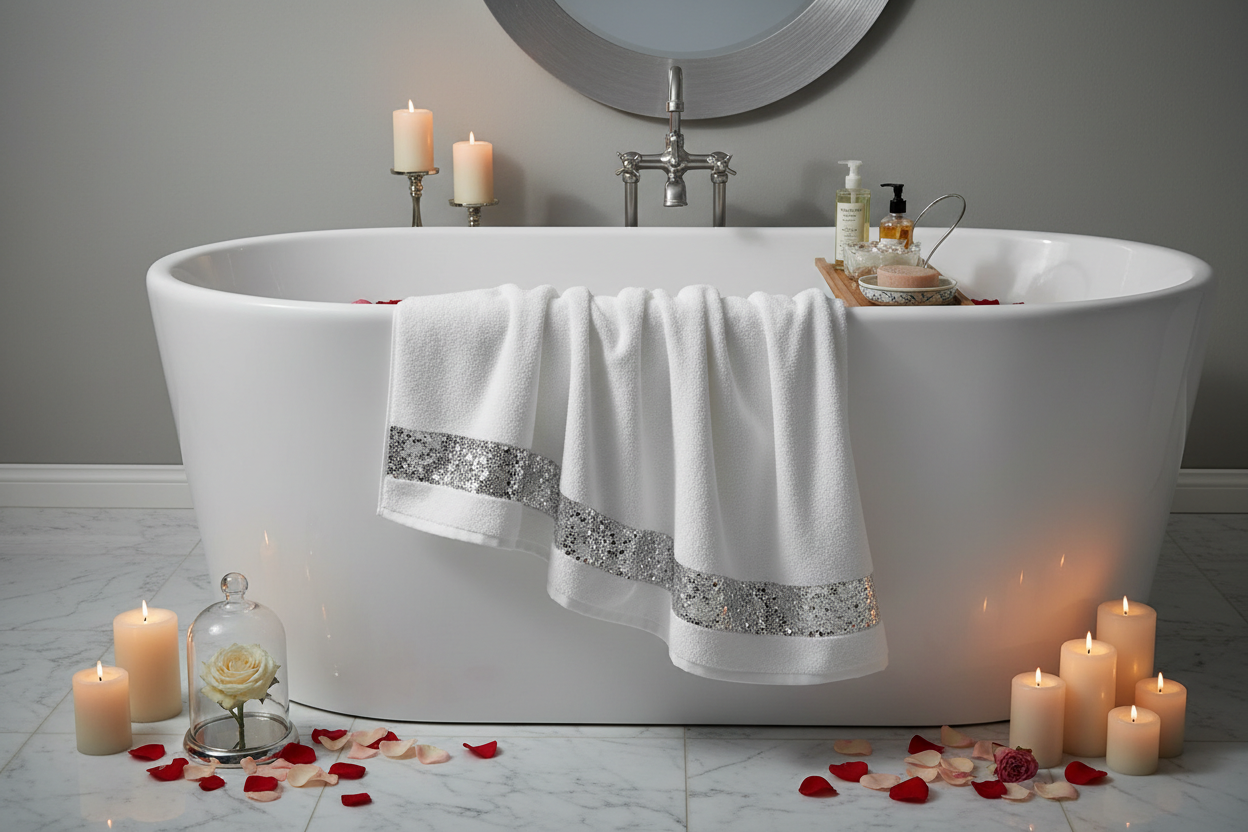 Sinatra white bath towel with silver sequin border draped over freestanding bathtub