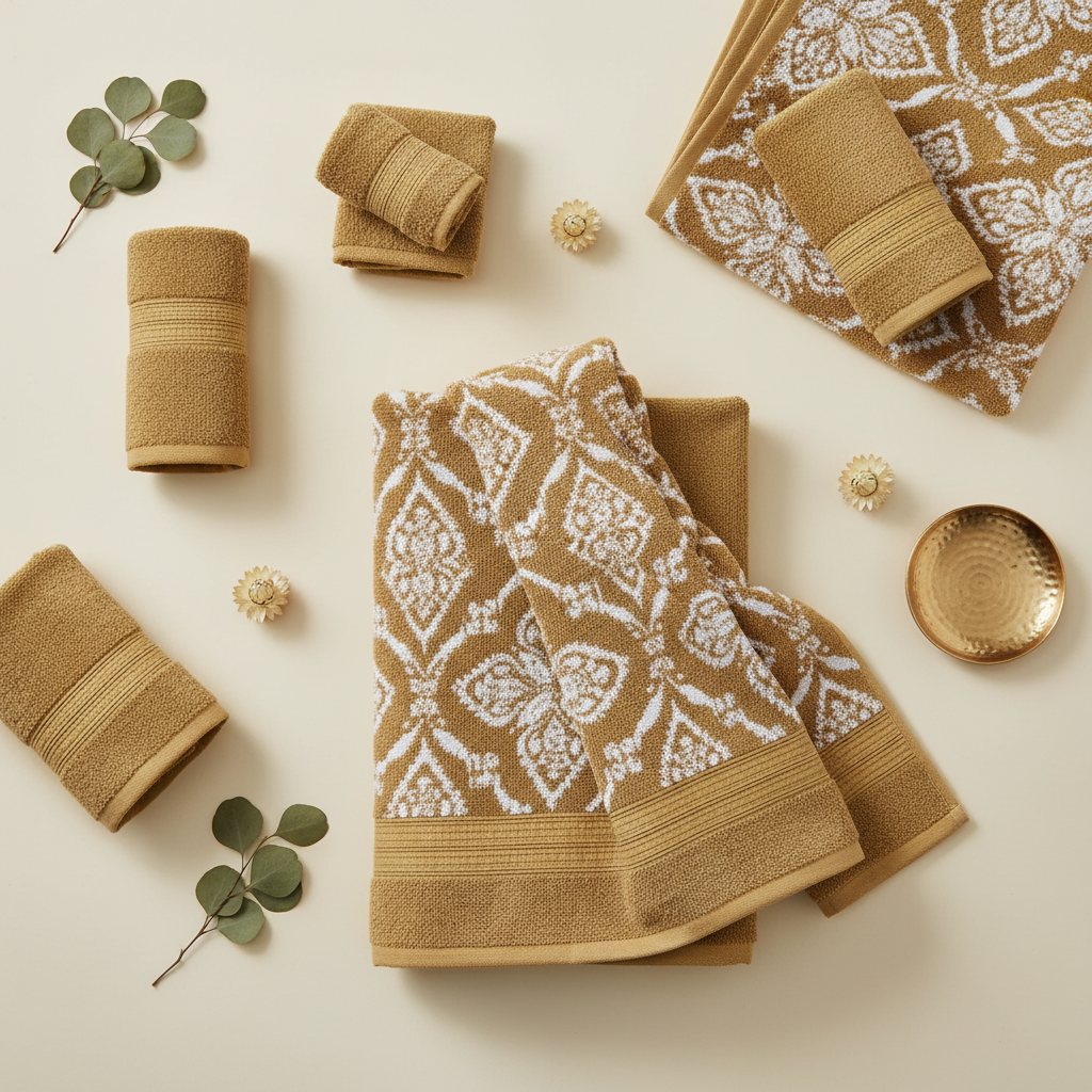 Gold jacquard towel set flat lay showing ornate filigree pattern with dried botanicals