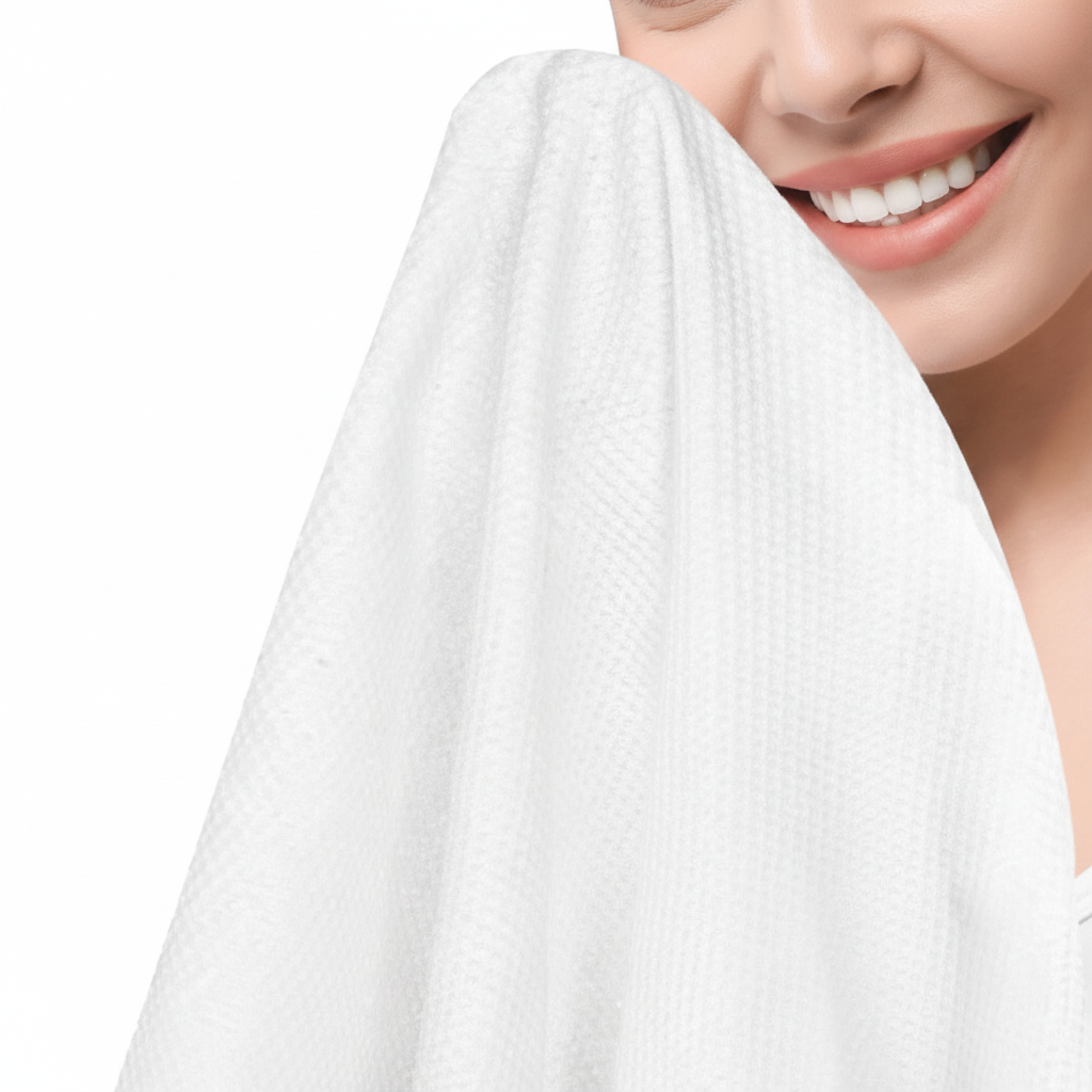 Close-up of white disposable body towel showing soft plant-based fibre texture