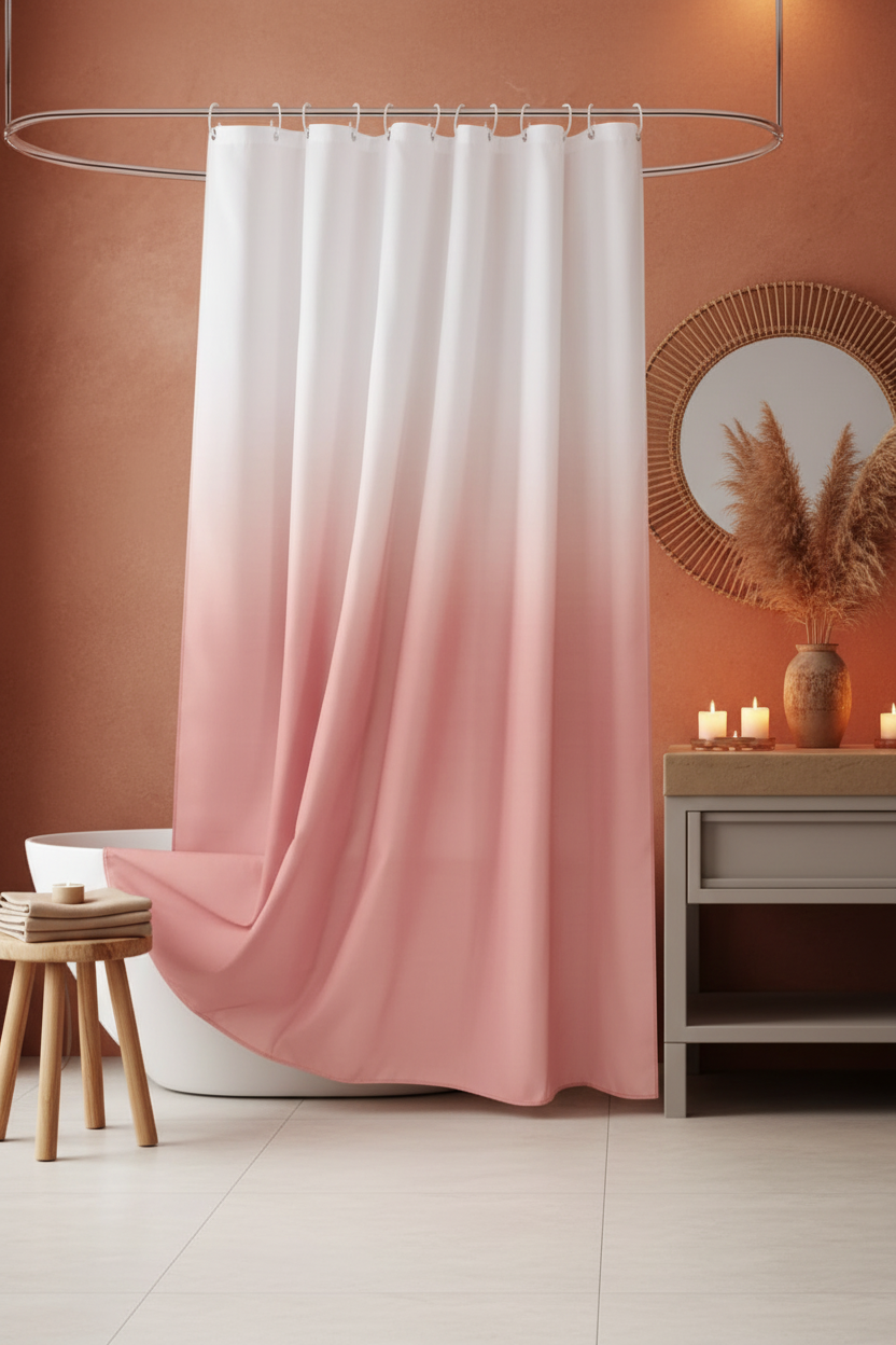 White to dusty rose ombre shower curtain in a warm earthy boho bathroom with terracotta walls and pampas grass