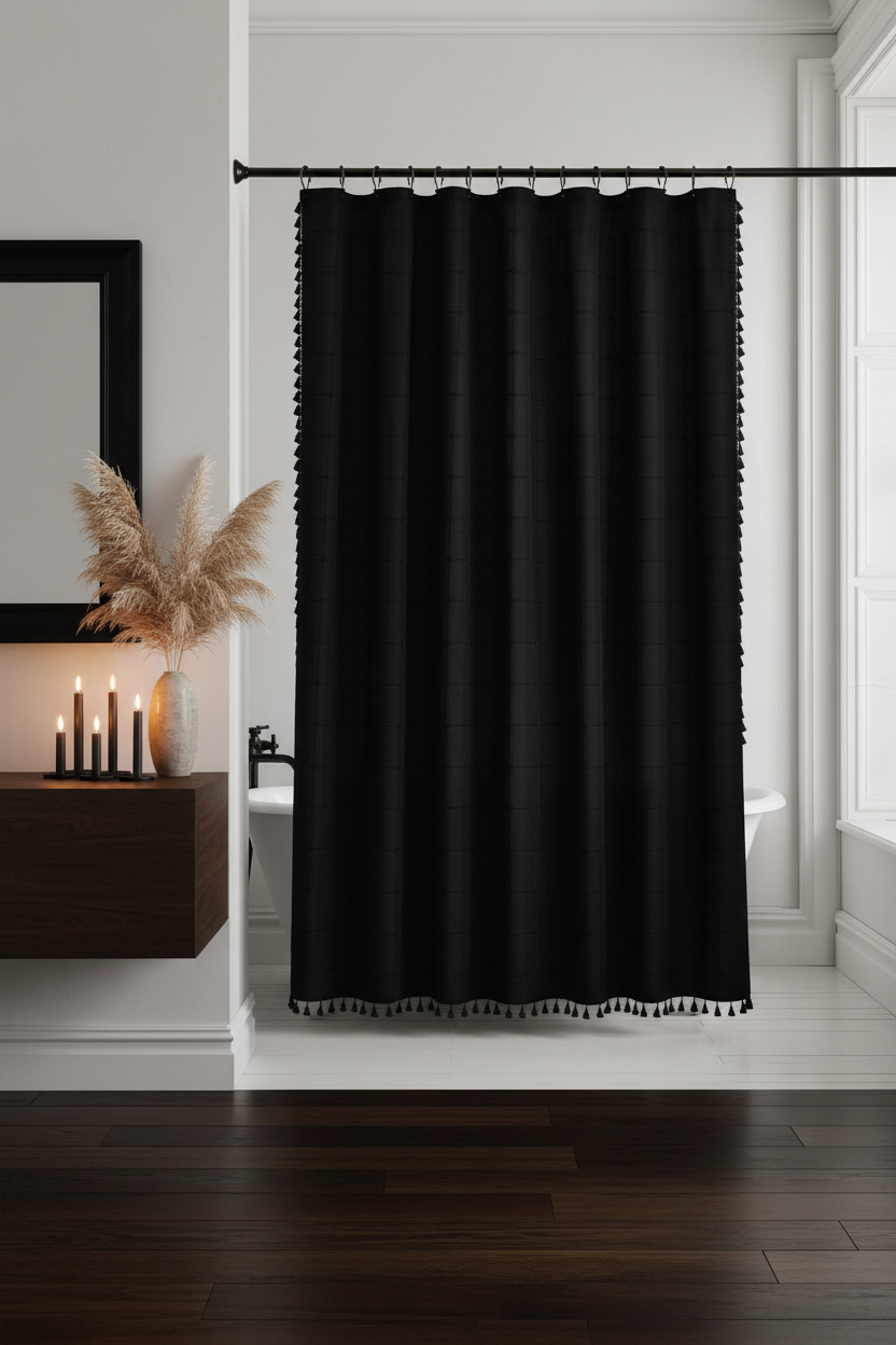 Moody dark bathroom with black tassel linen shower curtain, pampas grass and candlelight
