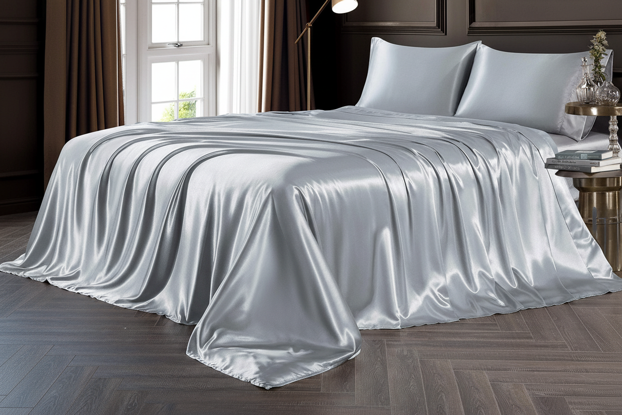 Light grey satin sheet set - low angle foot of bed