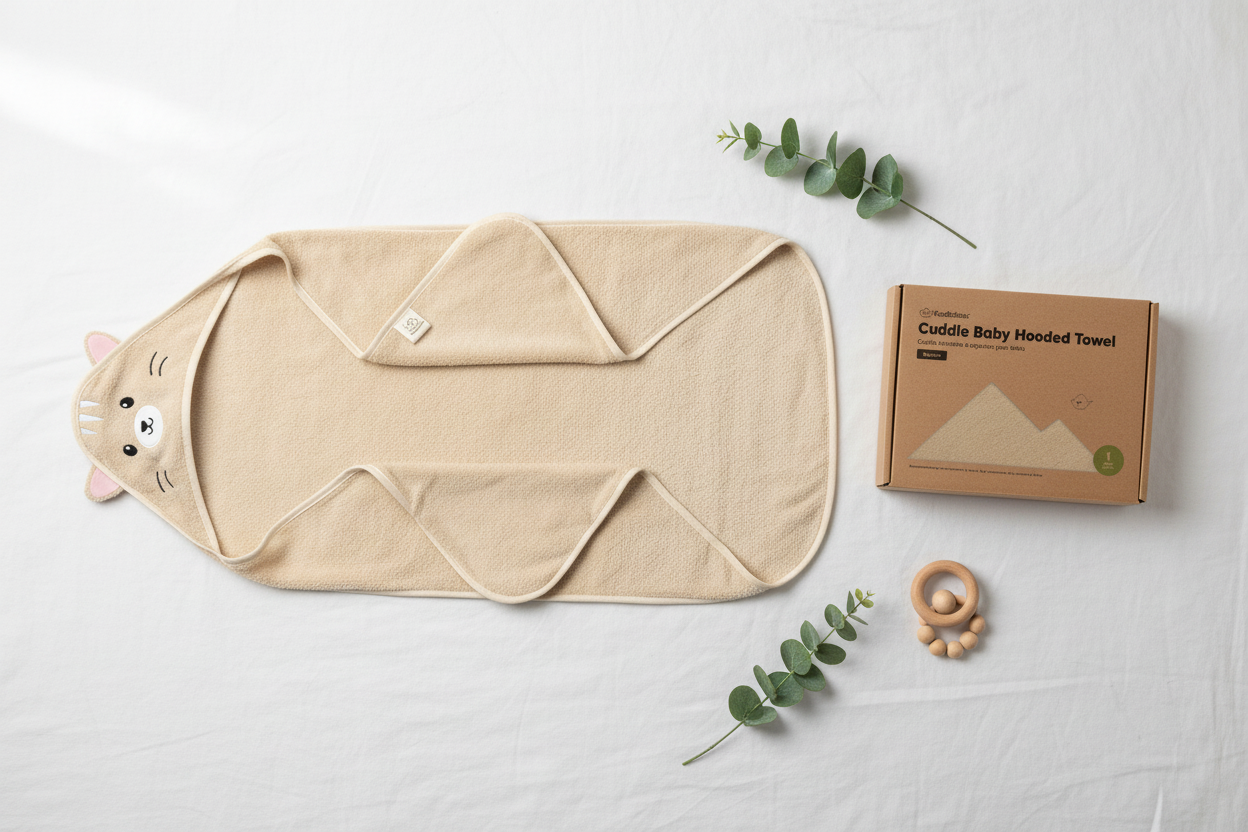 Beige bamboo hooded baby towel with cat face hood spread flat next to a kraft gift box on a white surface