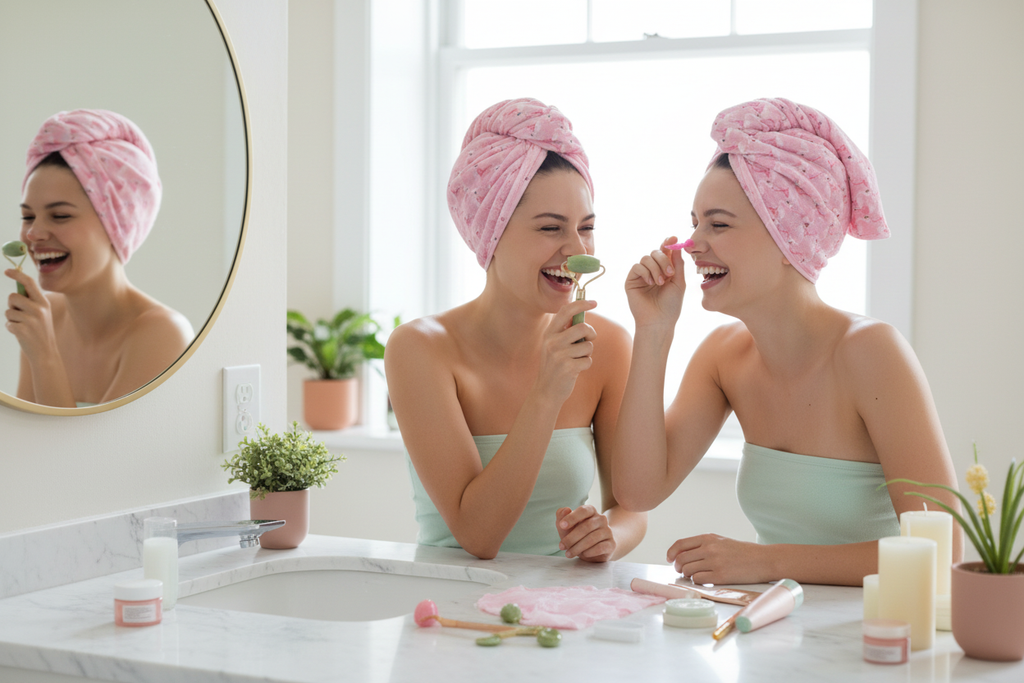 Pink flamingo hair towel wraps - two women friends doing skincare together in bathroom