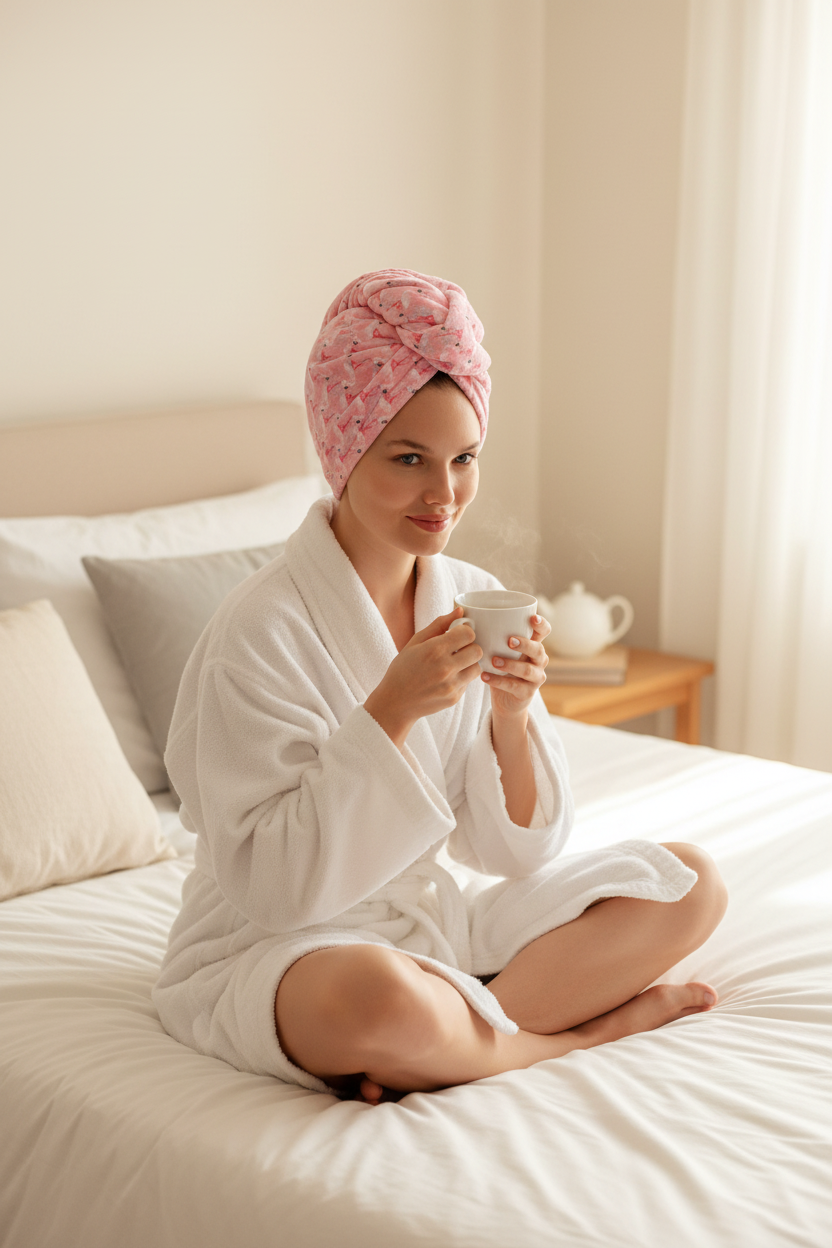 Pink flamingo hair turban wrap - woman in bathrobe drinking tea on bed
