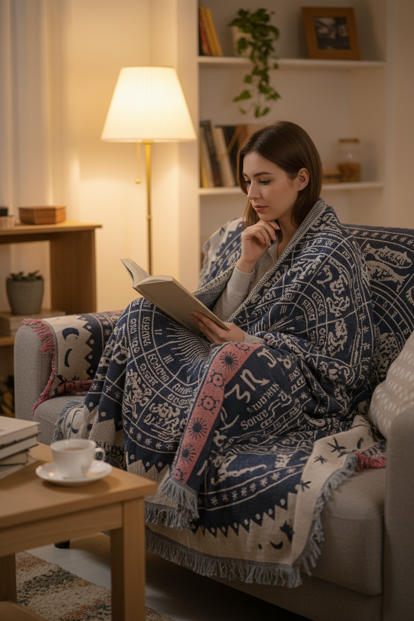 Woman wrapped in Constellation Nordic Knitted Throw Blanket reading on a sofa