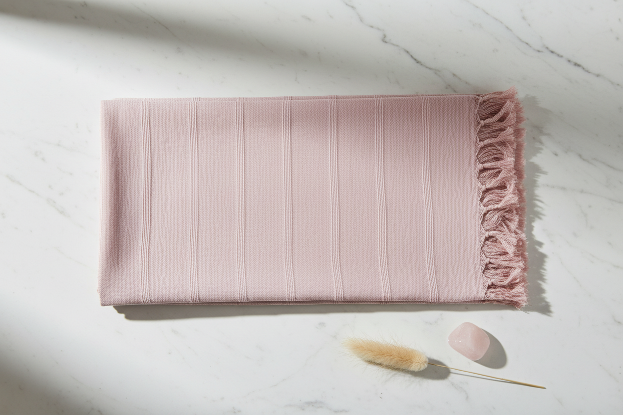Dusty rose flat-woven Turkish hammam towel with tonal stripes and eyelash fringe spread flat on white marble with pampas grass
