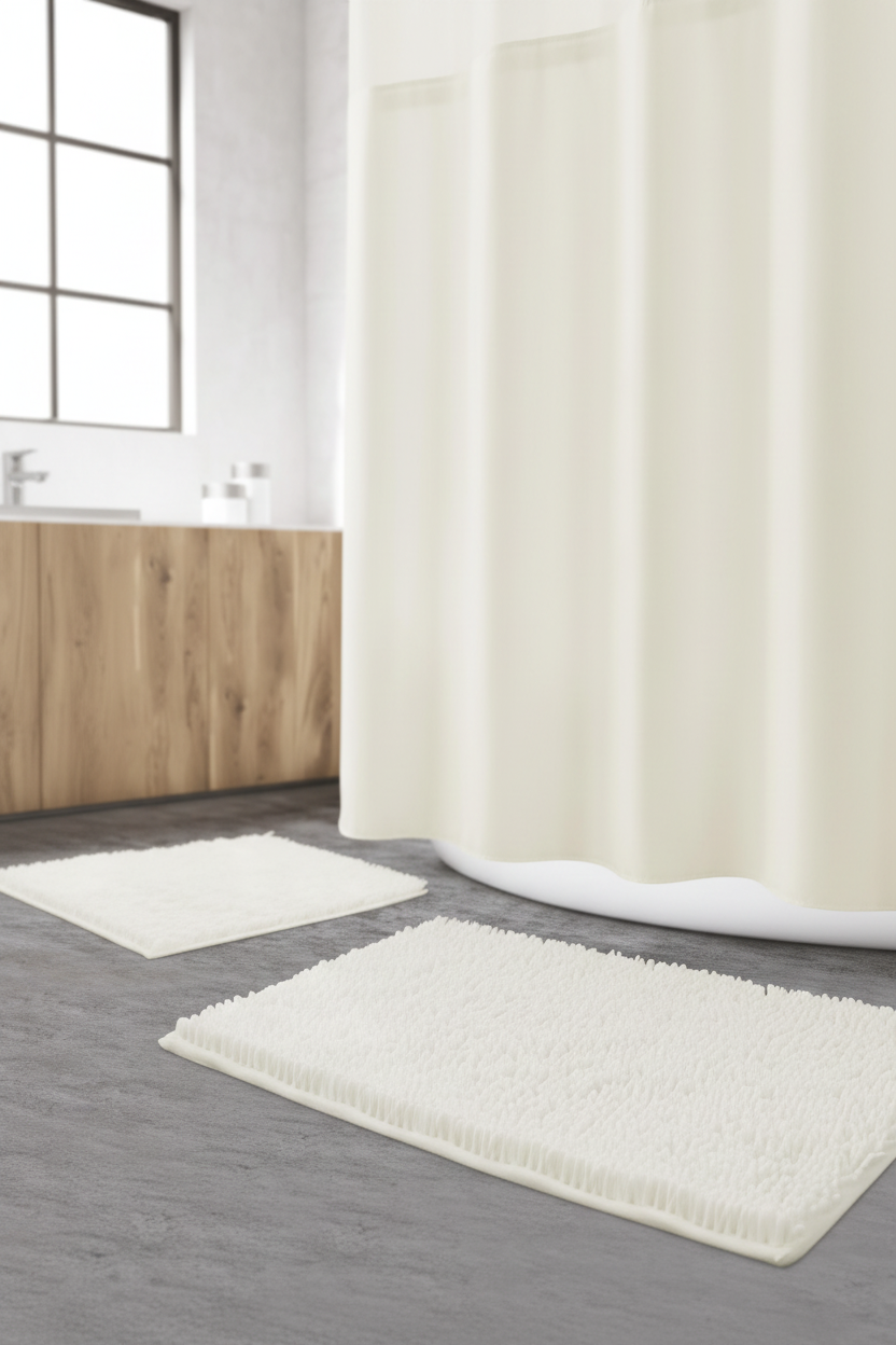 Close-up of two plush cream chenille bath rugs showing thick fluffy texture on grey bathroom floor