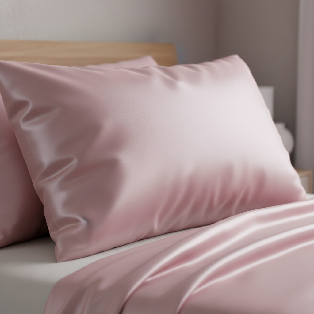 Pink satin pillowcase close-up detail