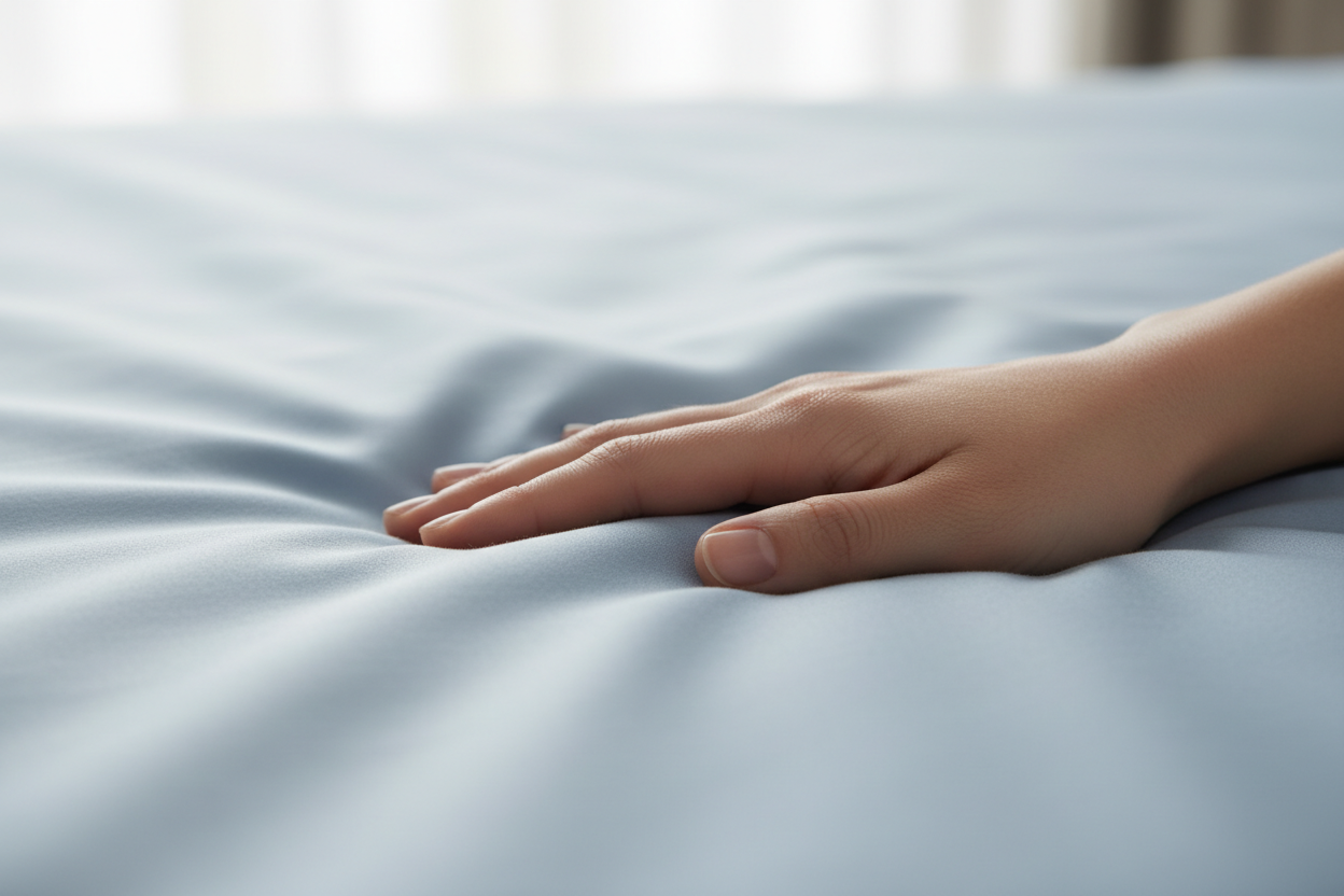 Close-up of light blue Egyptian cotton sateen sheet texture