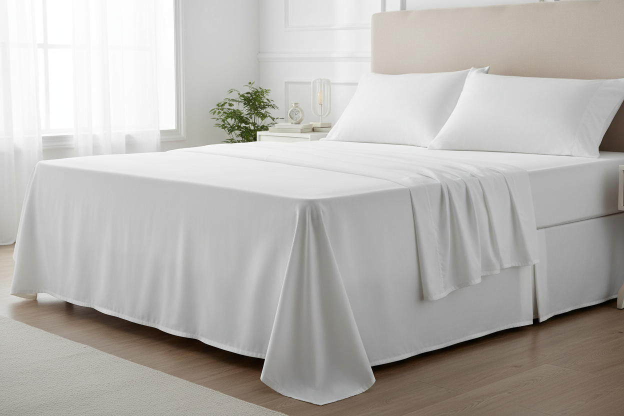 White organic cotton percale sheet set side angle showing fitted sheet corners