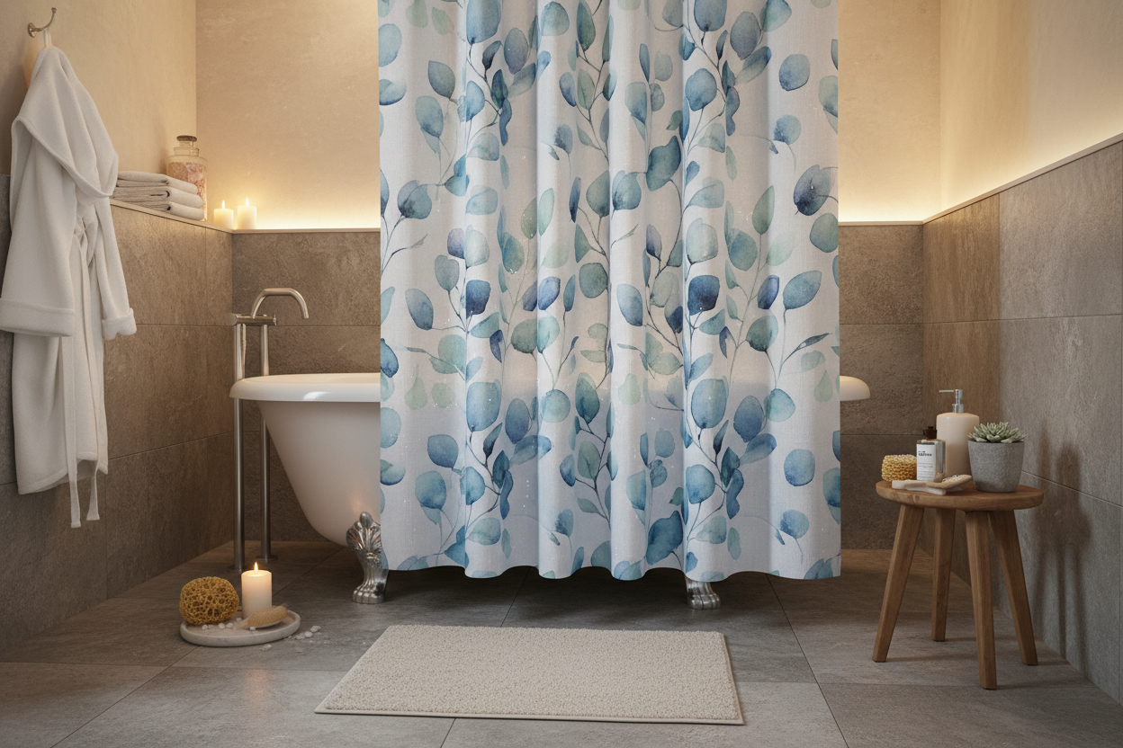 Blue eucalyptus shower curtain partially drawn in spa-like bathroom