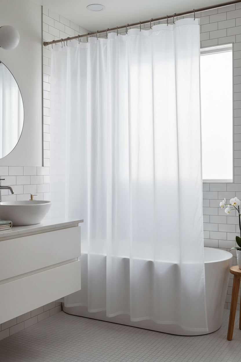 Clear PEVA shower curtain liner hanging in a bright modern bathroom with light flowing through