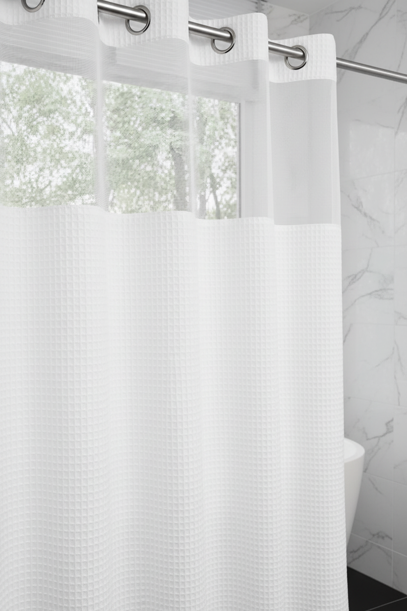 Close-up of white waffle weave shower curtain texture and sheer mesh top window panel