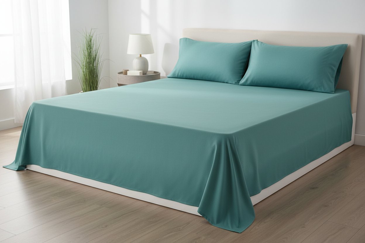 Sage green microfiber flat sheet side angle on king bed
