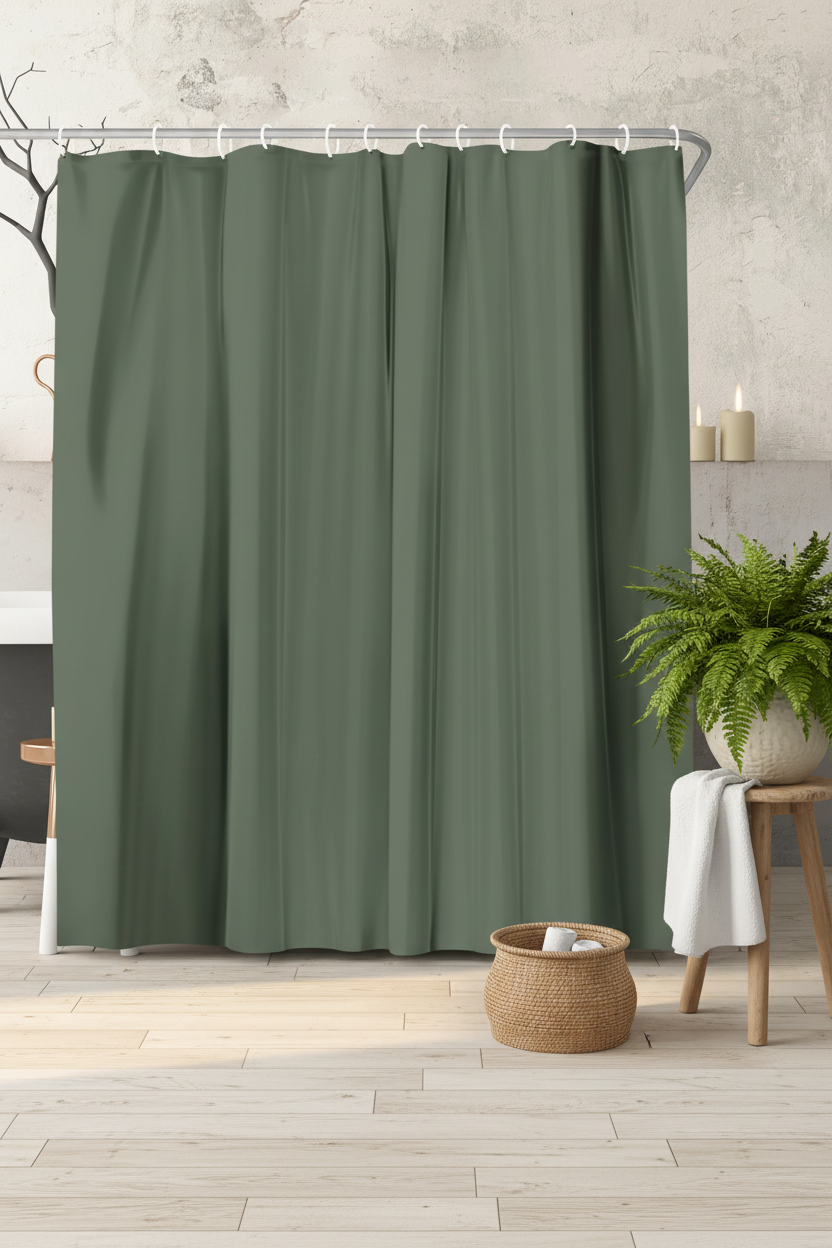 Solid olive green shower curtain in biophilic bathroom with large fern, rattan accessories and wood floor