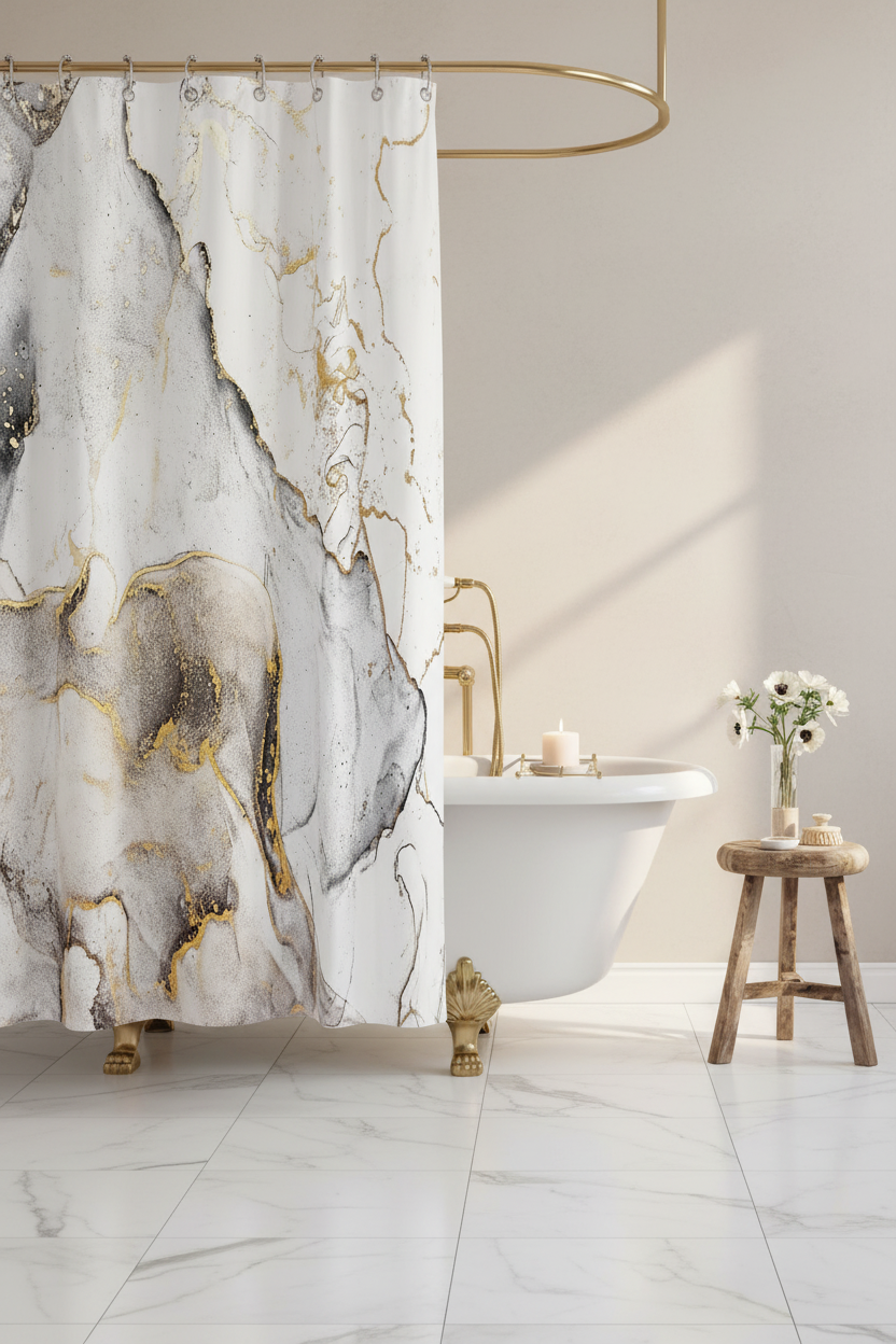 White and gold marble shower curtain partially drawn revealing clawfoot bath with gold tray and marble floor