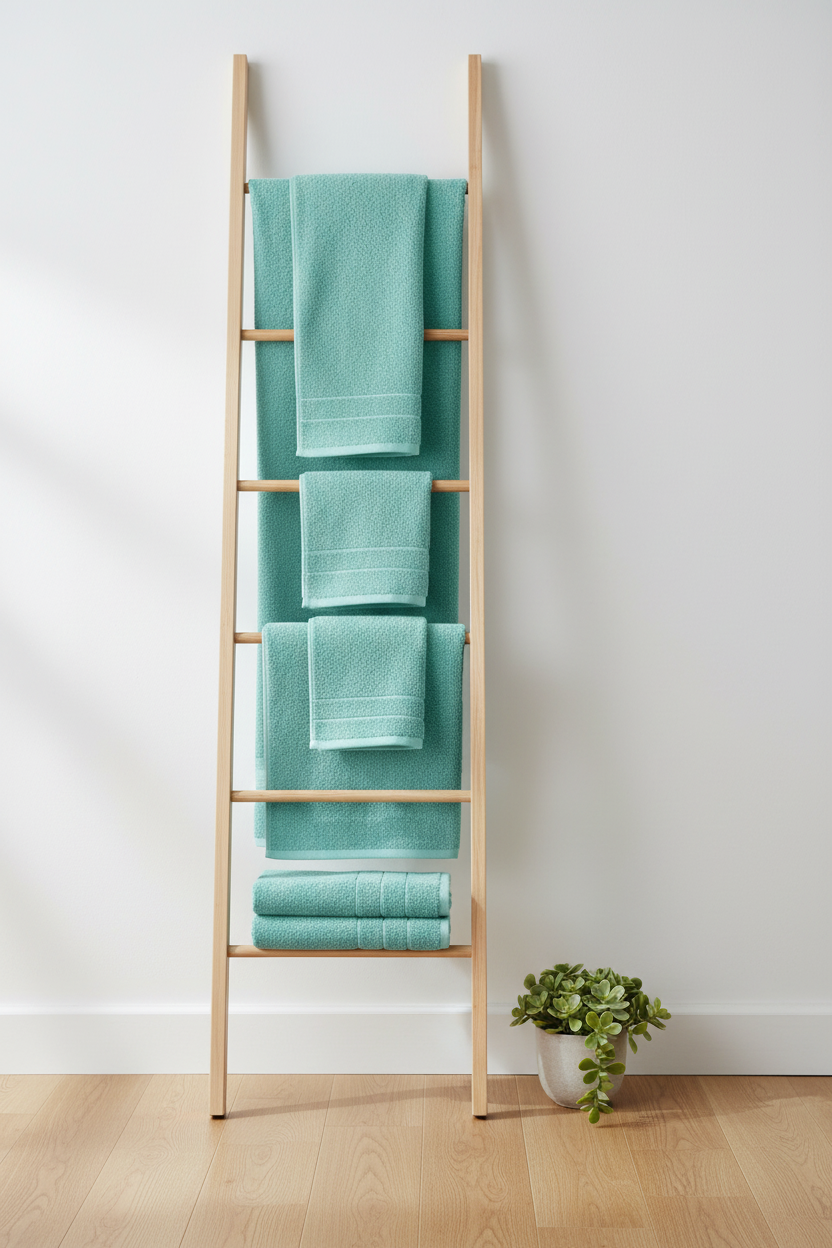 Aqua sky cotton bath towels draped over wooden ladder rack in Scandinavian bathroom