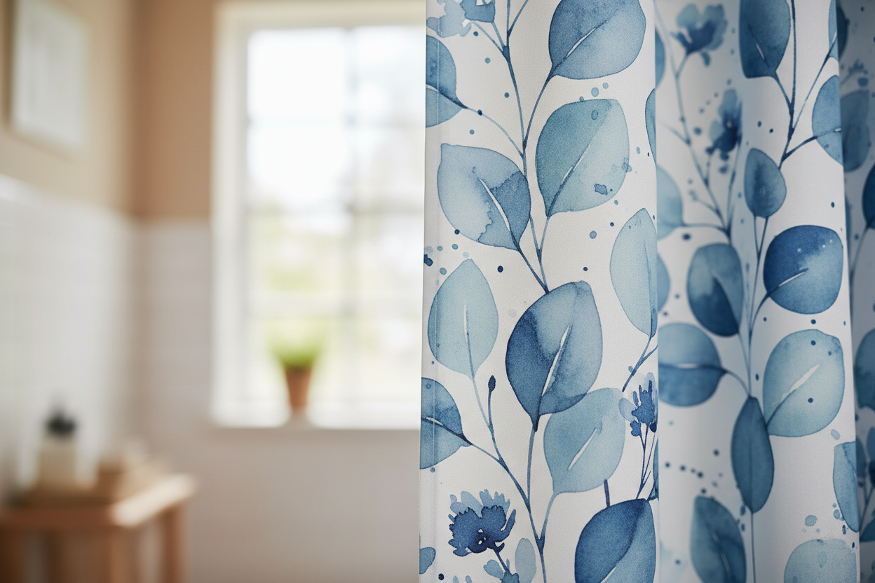 Blue eucalyptus shower curtain close-up botanical leaf print detail