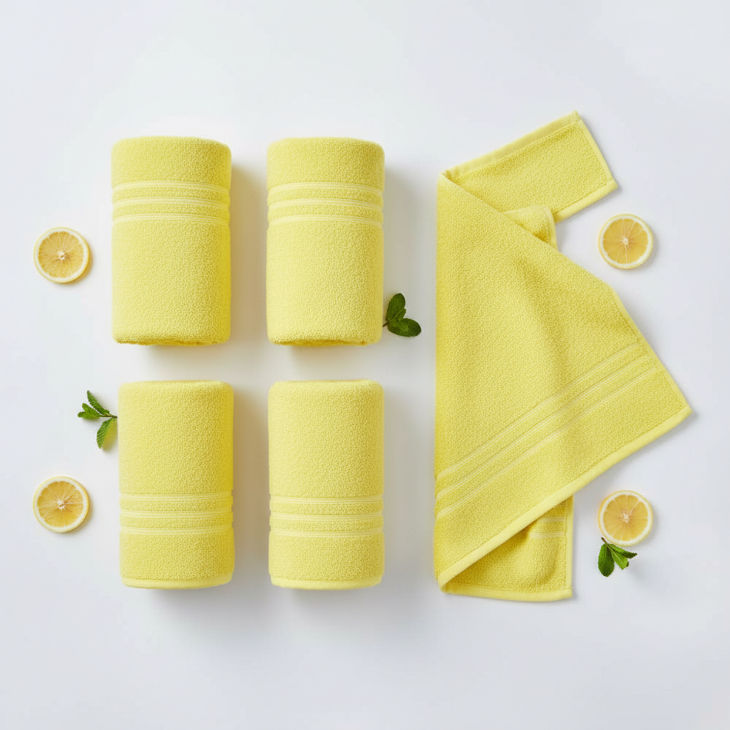 Yellow cotton bath towel flat lay with lemon slices and green leaves