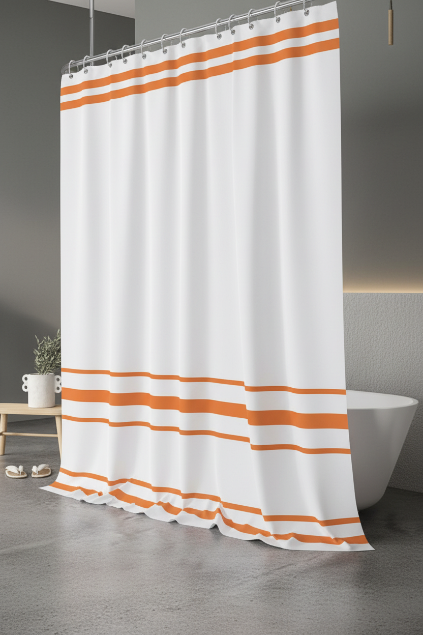 Full length white shower curtain with orange border stripes, angled view showing extra 78 inch length in a minimal bathroom