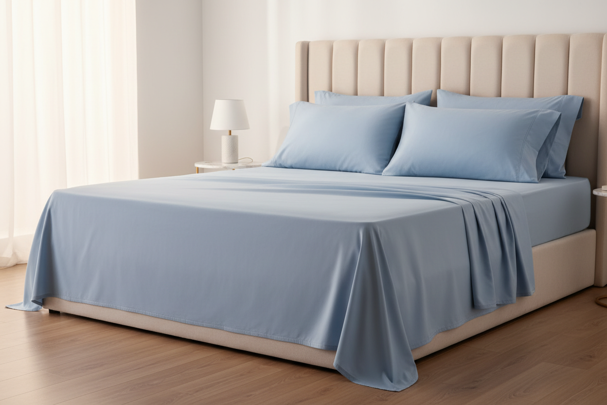 Egyptian cotton super king sheet set in light blue styled on a king bed