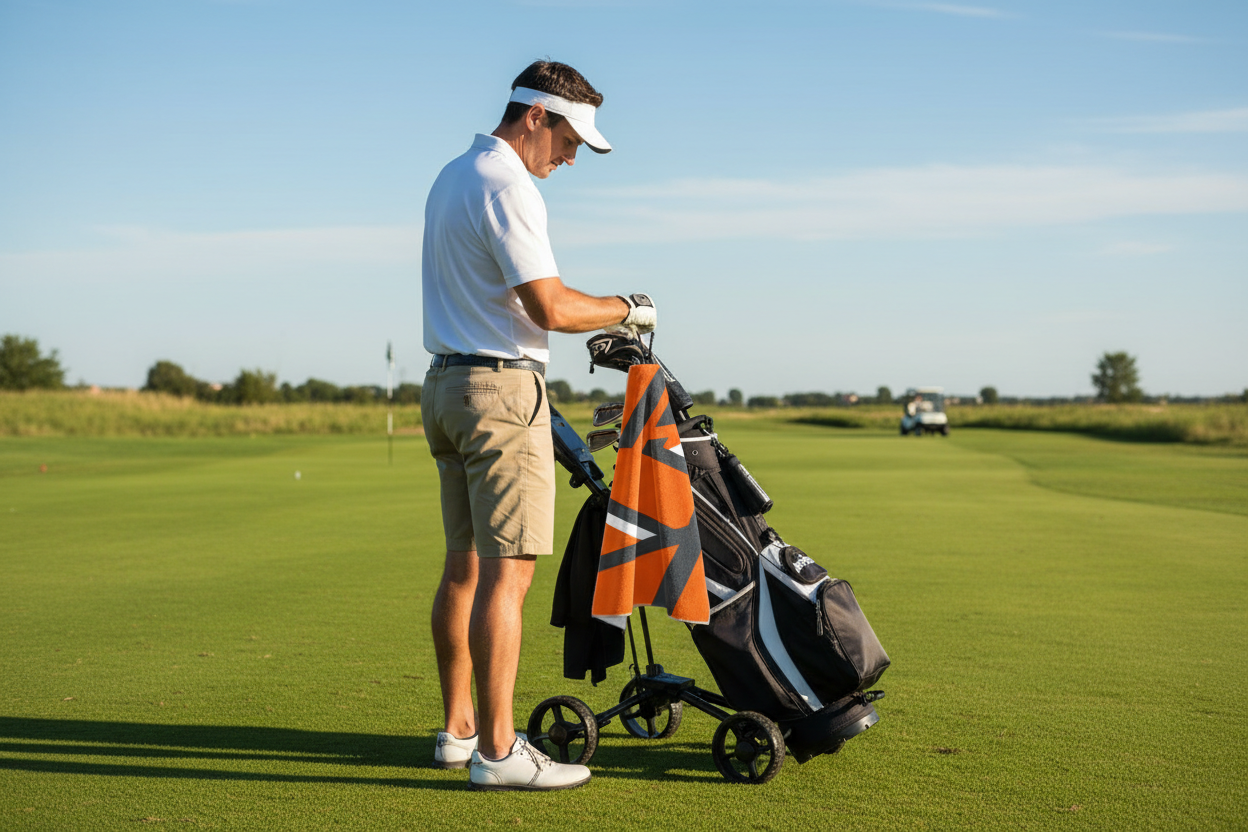 RokFit Gym Towel - golfer clipping towel to golf bag on course