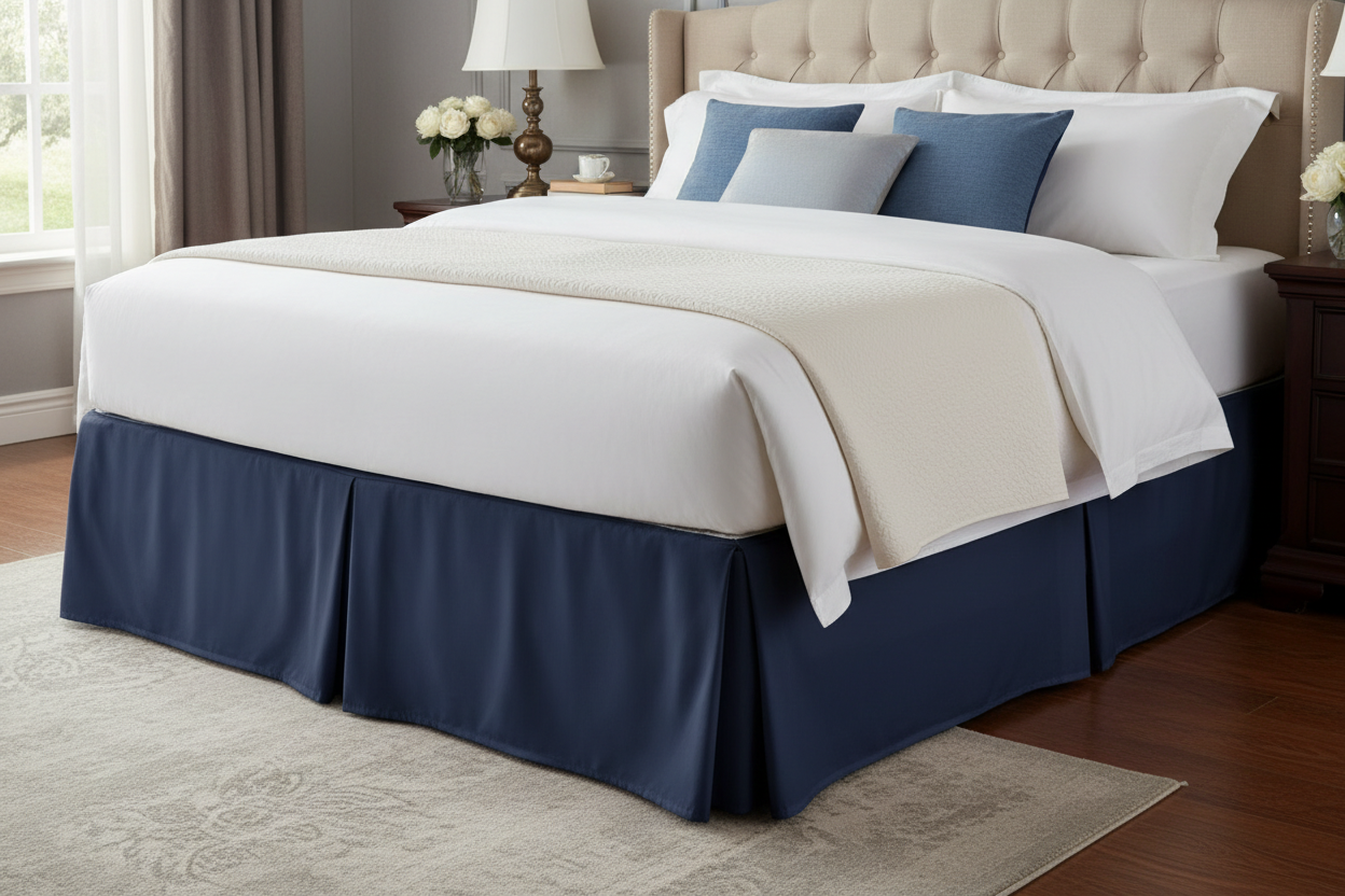 Navy pleated microfiber bed skirt on bed