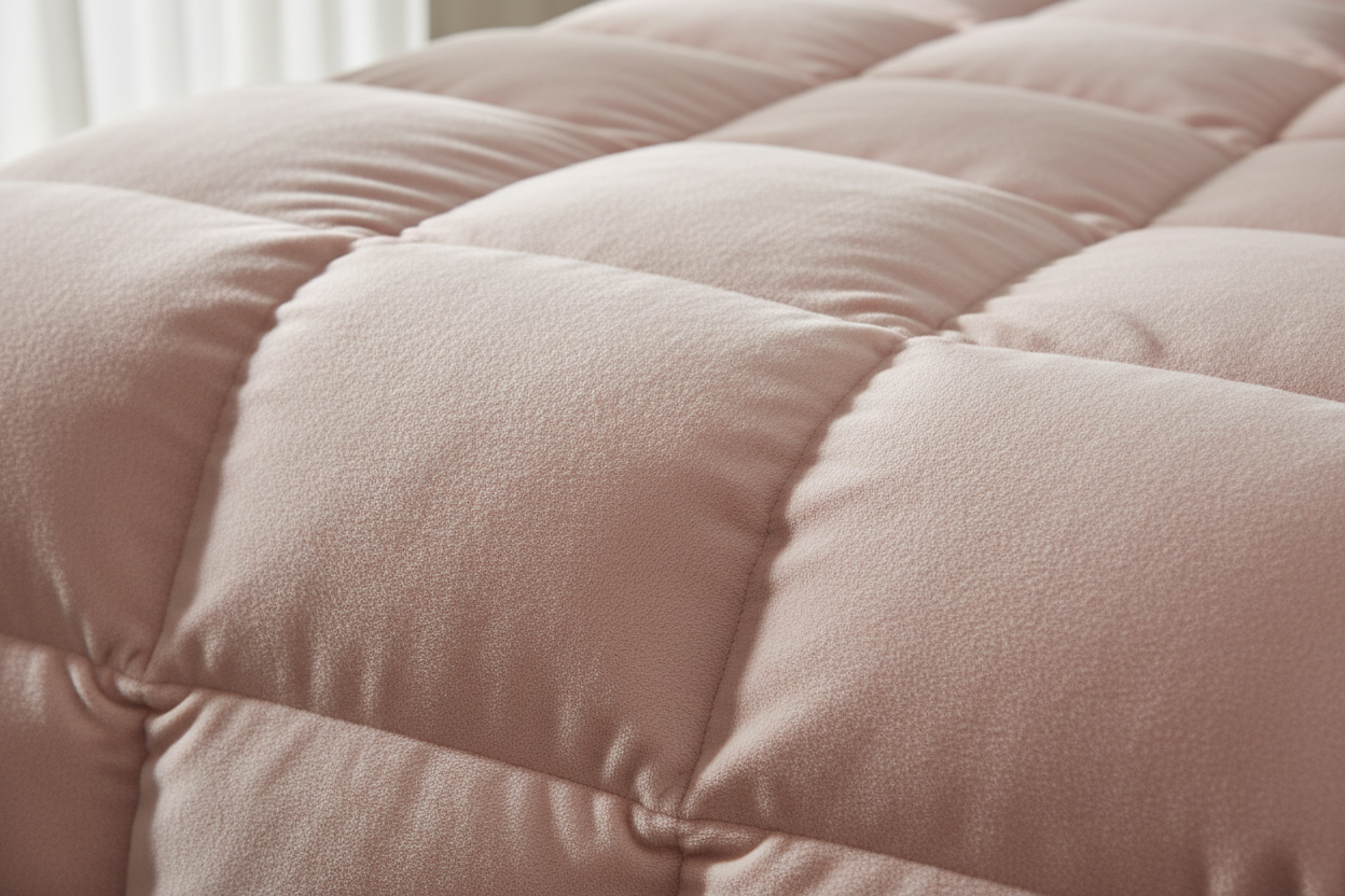 Close-up detail of blush pink down-alternative comforter showing fluffy microfibre shell and plush loft
