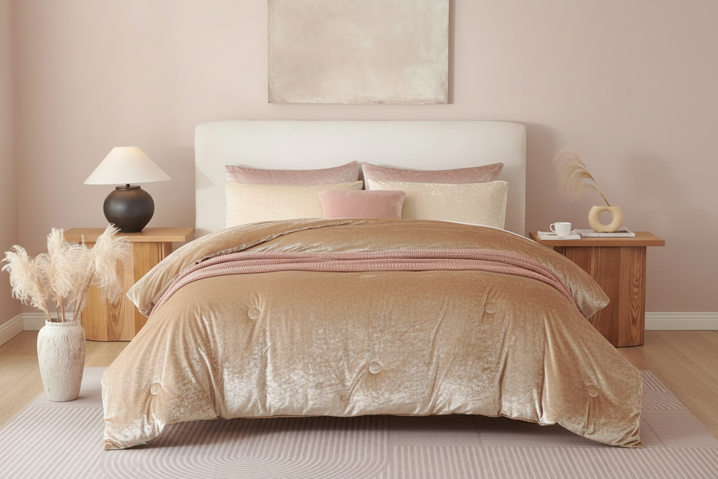 Luxury champagne crushed velvet comforter set styled on a king bed in a warm minimal bedroom