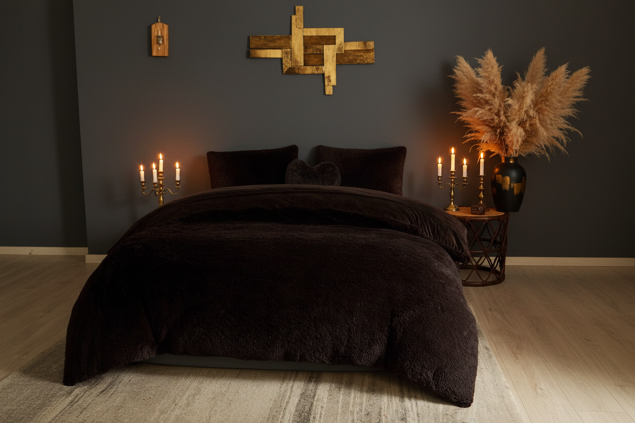 Moody editorial bedroom with dark brown faux fur duvet set, dark walls, candlelight and pampas grass