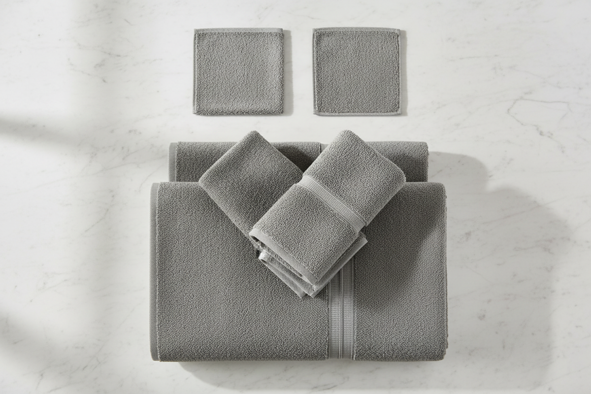 Grey Turkish cotton 6-piece towel set flat lay on white marble surface