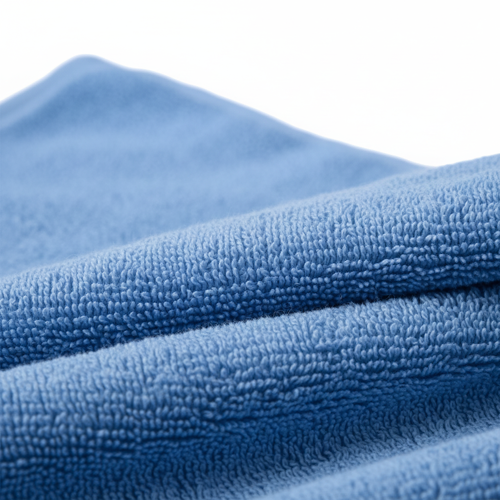 Close-up of sky blue 500 GSM organic cotton bath towel terry loop texture
