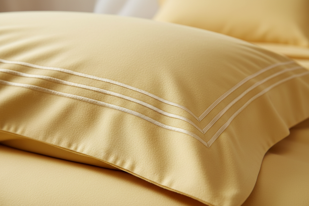 Mellow yellow pillowcase close-up showing classic 3-line embroidery detail