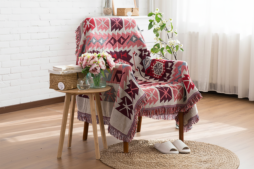 Sturag Nordic Knitted Throw Blanket draped over an armchair in a boho living room with flowers