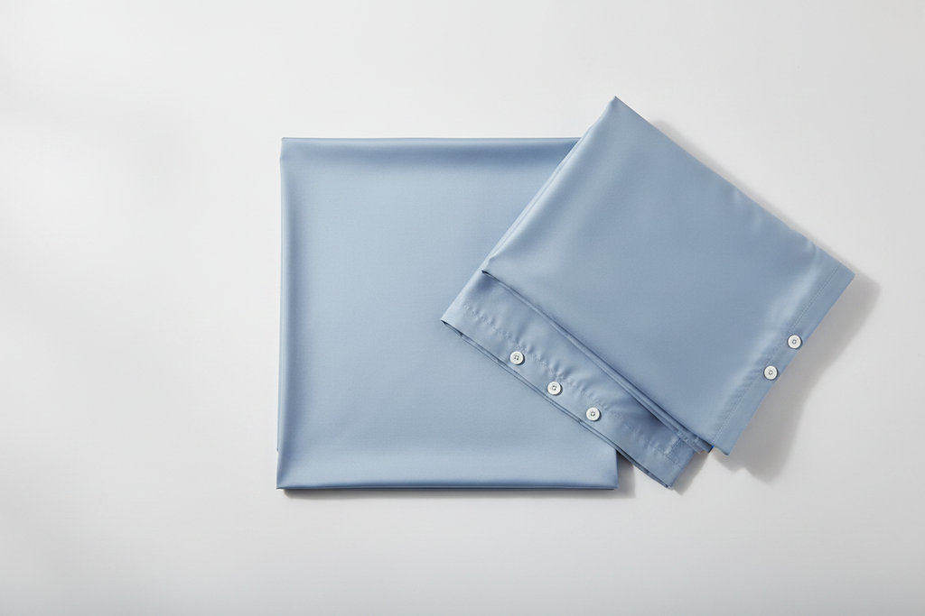 Powder blue cotton satin flat sheet and pillowcases flat lay