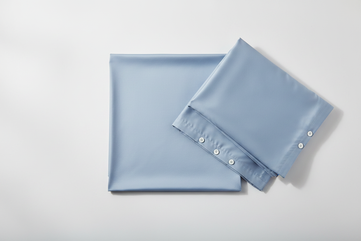 Powder blue cotton satin flat sheet and pillowcases flat lay